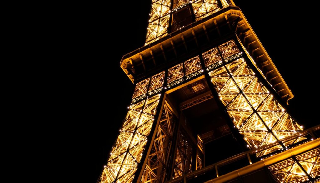 La Tour Eiffel pendant son spectacle de scintillement avec 20 000 ampoules illuminant la structure métallique