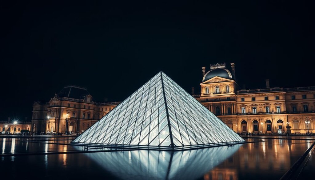 La pyramide du Louvre illuminée la nuit avec le palais en arrière-plan