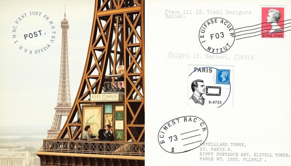 Le bureau de poste historique de la Tour Eiffel avec ses timbres spéciaux Le bureau de poste historique de la Tour Eiffel avec ses timbres spéciaux