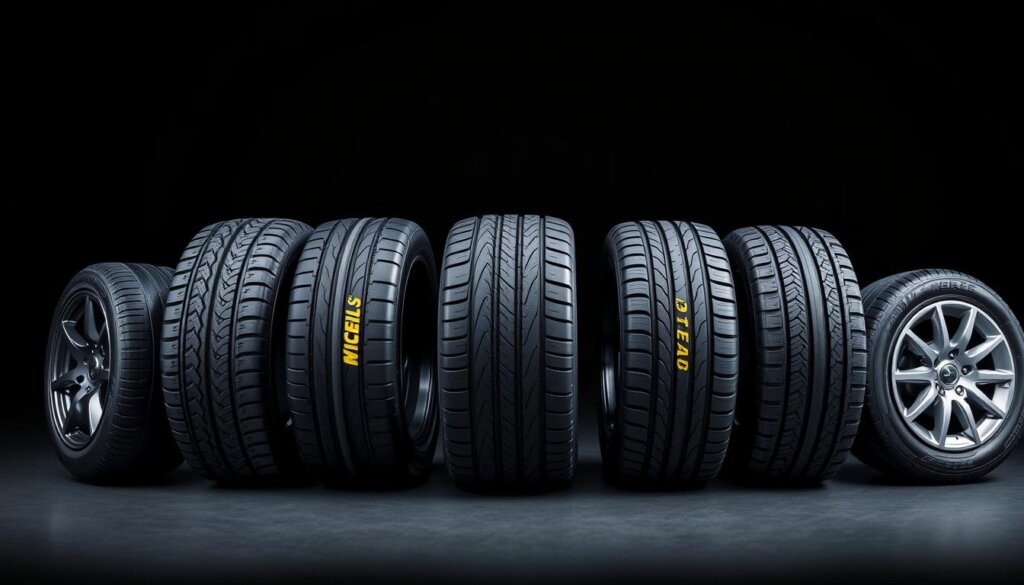 Les 5 marques de pneus recommandées alignées sur fond noir