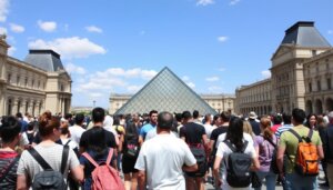 Longue file d'attente devant la pyramide du Louvre avec des visiteurs attendant pour acheter billets Louvre sans queue