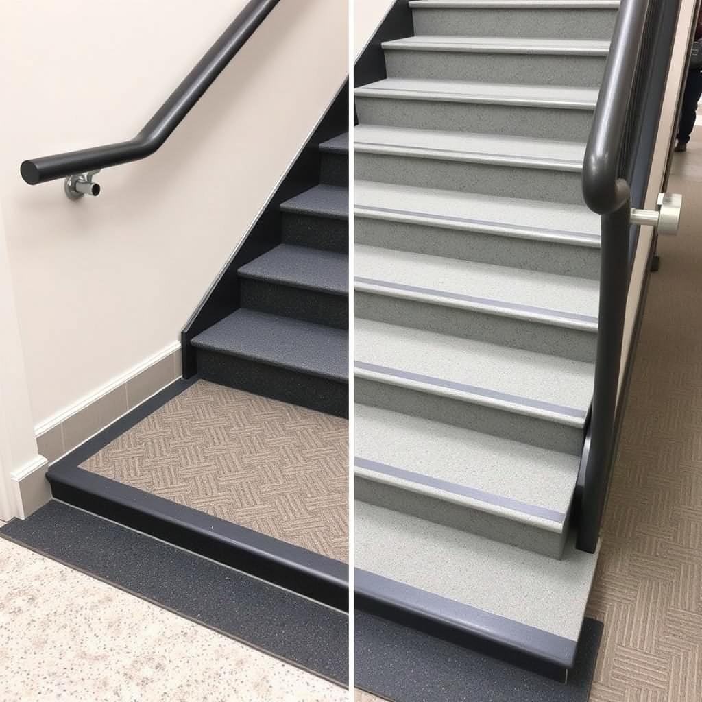 Nez de marches contrastés et antidérapants sur un escalier public