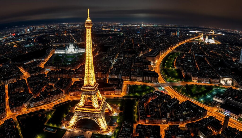 Panorama nocturne de Paris avec la Tour Eiffel illuminée dominant la ville lumière