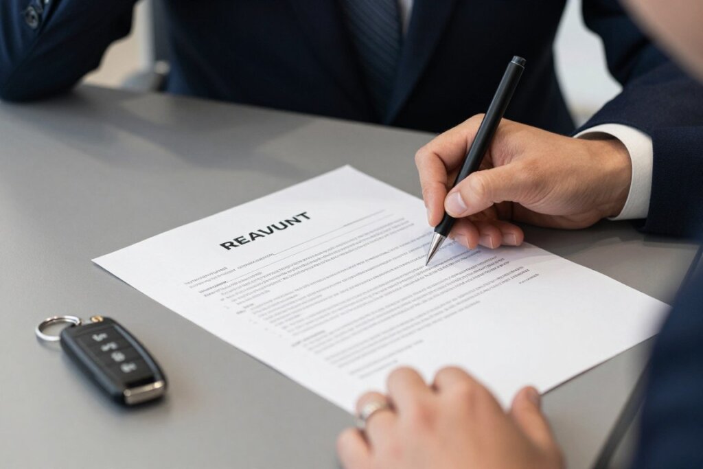Person signing Renault financing documents with Twingo Electric 2026 keys visible