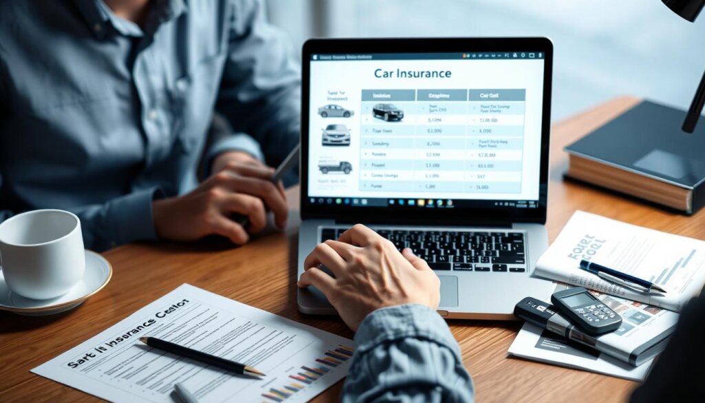 Personne comparant différentes offres d'assurance auto sur un ordinateur portable