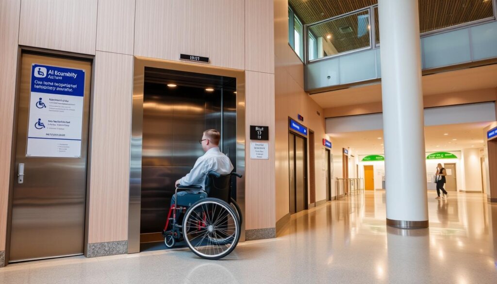 Personne en fauteuil roulant utilisant un ascenseur adapté dans un bâtiment public