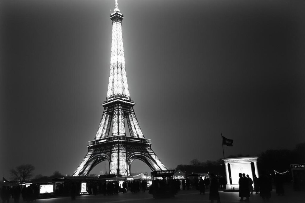 Photo historique de la Tour Eiffel illuminée lors de l'Exposition Universelle de 1889