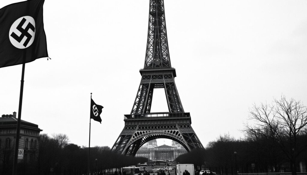 Photo historique de la Tour Eiffel pendant l'occupation allemande avec le drapeau nazi Photo historique de la Tour Eiffel pendant l'occupation allemande avec le drapeau nazi
