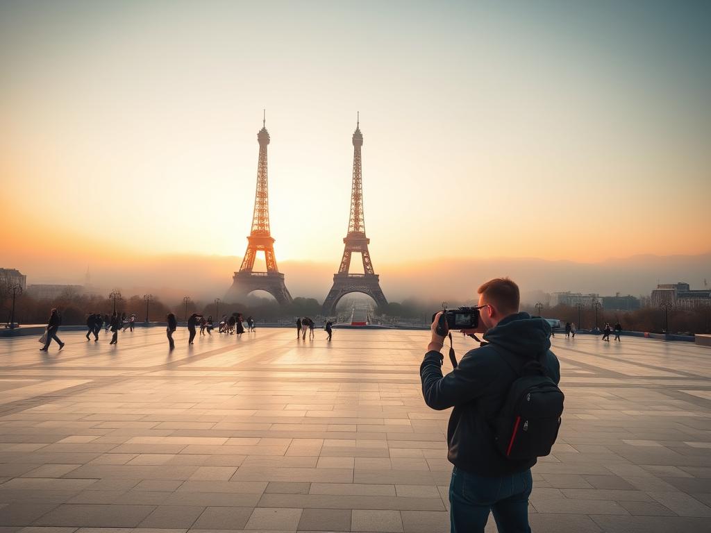 Photographe solitaire capturant la Tour Eiffel aux premières lueurs du jour