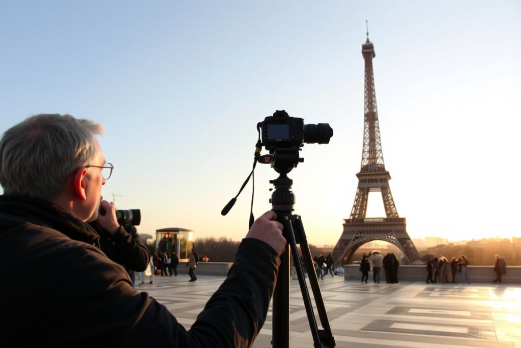Photographe utilisant un trépied pour capturer la Tour Eiffel depuis le Trocadéro