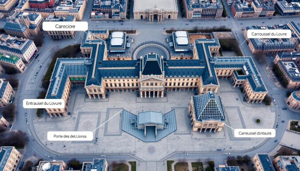Plan d'accès au musée du Louvre avec les différentes entrées - Guide du Louvre en 1 jour