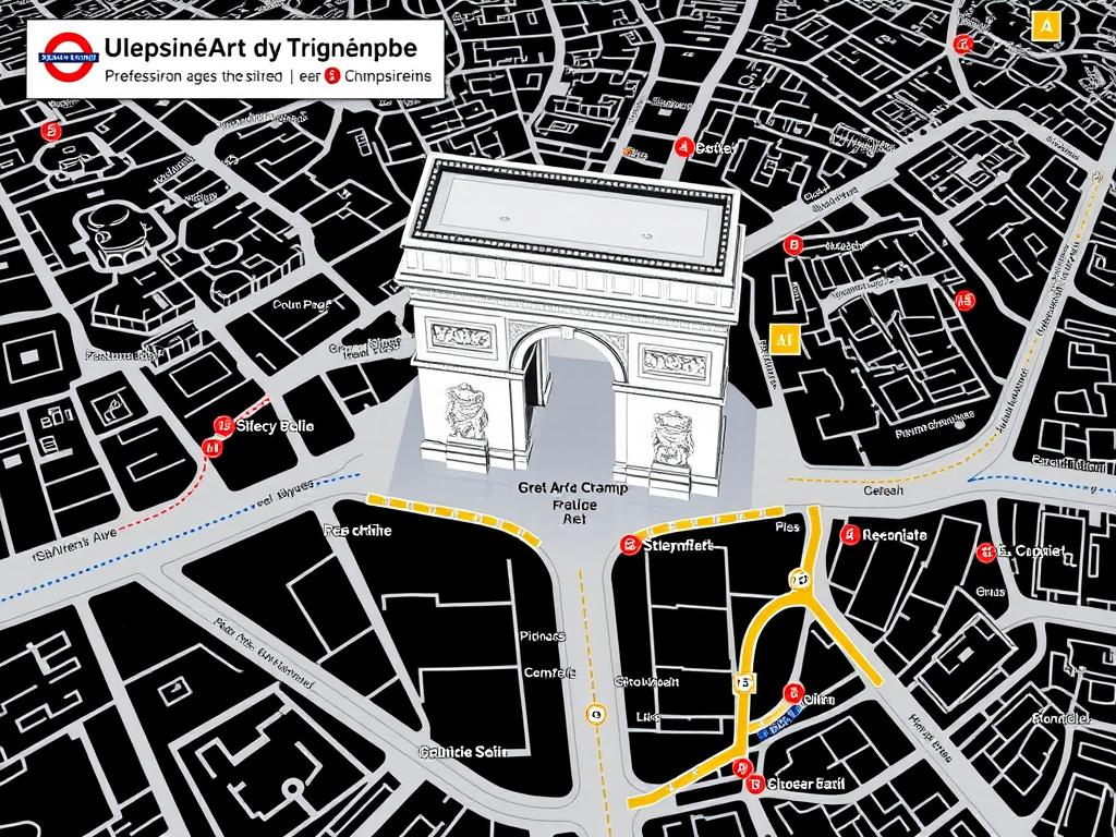 Plan de l'Arc de Triomphe et des Champs-Élysées avec les boutiques principales et accès souterrains Plan de l'Arc de Triomphe et des Champs-Élysées avec les boutiques principales et accès souterrains