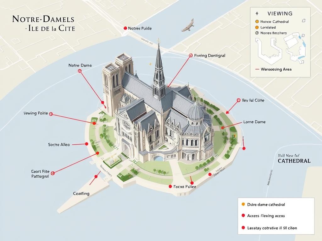 Plan détaillé de Notre-Dame et de l'Île de la Cité avec les points d'intérêt environnants et accès Plan détaillé de Notre-Dame et de l'Île de la Cité avec les points d'intérêt environnants et accès