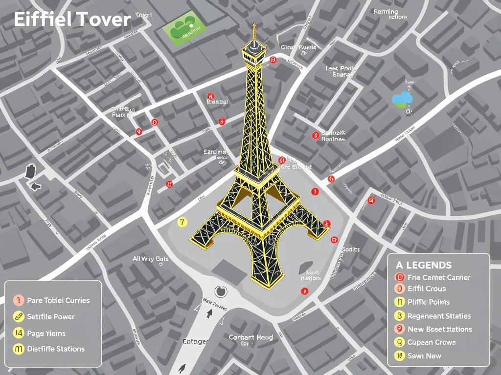 Plan détaillé de la Tour Eiffel avec les différents accès, points de vue et stations de métro à proximité Plan détaillé de la Tour Eiffel avec les différents accès, points de vue et stations de métro à proximité