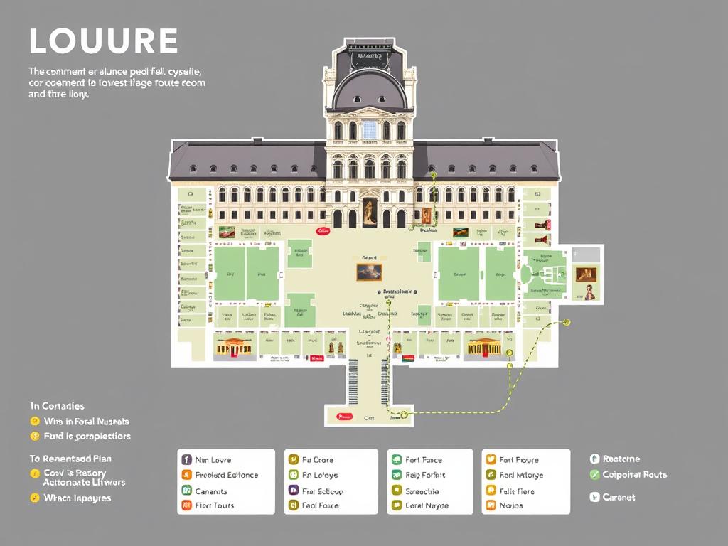 Plan du Musée du Louvre montrant les différentes ailes, entrées et œuvres principales avec itinéraires recommandés Plan du Musée du Louvre montrant les différentes ailes, entrées et œuvres principales avec itinéraires recommandés