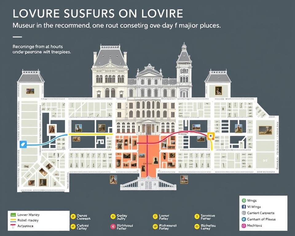 Plan du musée du Louvre avec l'itinéraire recommandé pour une visite d'une journée - Guide du Louvre en 1 jour
