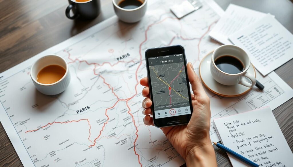 Planification d'itinéraire avec une carte pour éviter certains péages entre Paris et le Portugal.