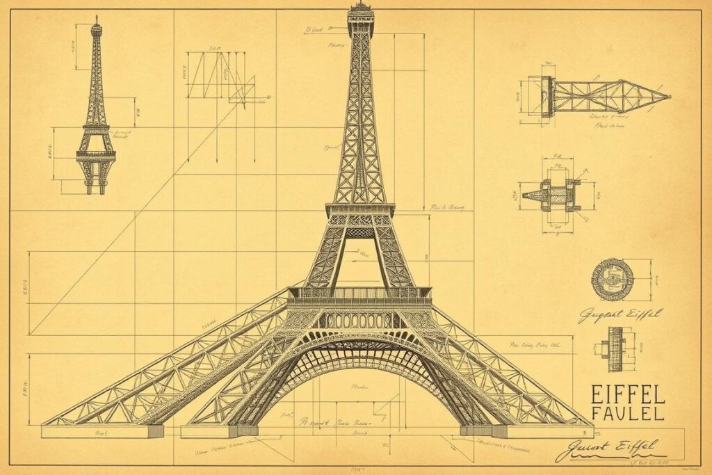 Plans techniques originaux de la Tour Eiffel montrant sa structure en treillis