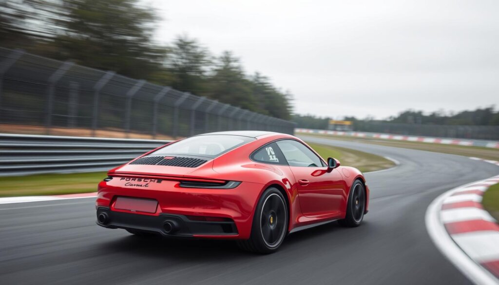 Porsche 911 Carrera T 2026 rouge avec transmission manuelle sur circuit, montrant son profil iconique