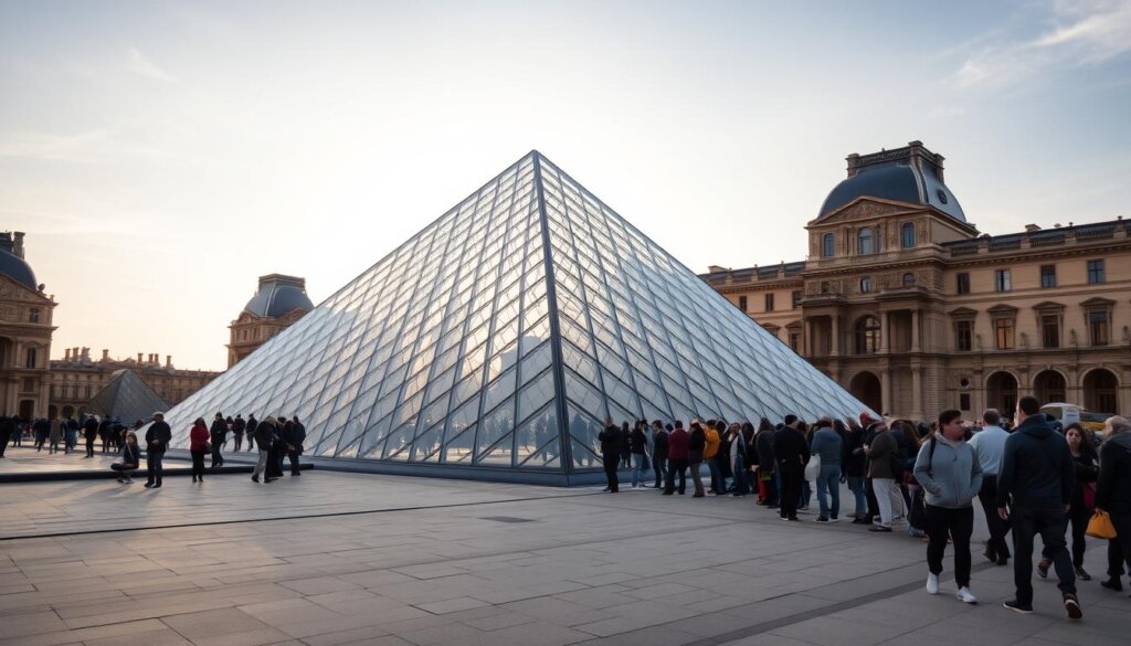 Pyramide du Louvre avec la file d'attente des visiteurs le matin - Guide du Louvre en 1 jour