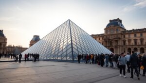 Pyramide du Louvre avec la file d'attente des visiteurs le matin - Guide du Louvre en 1 jour