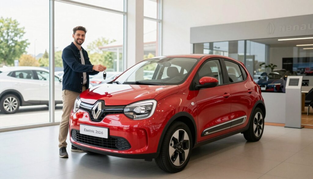 Renault Twingo Electric 2026 in red color being delivered to a customer at a dealership
