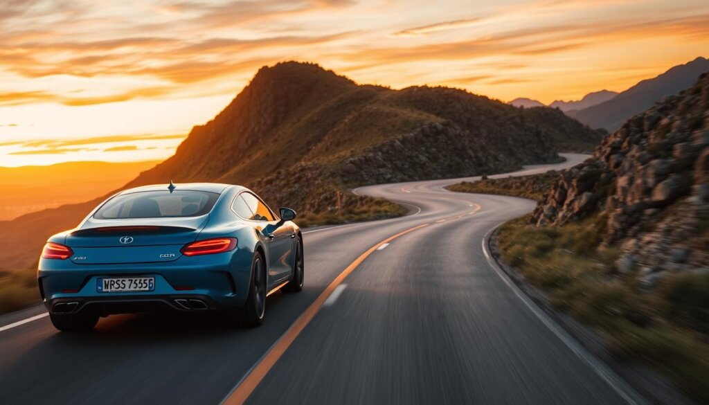 Route sinueuse au coucher du soleil avec une voiture à transmission manuelle 2026, symbolisant la liberté et le plaisir de conduire