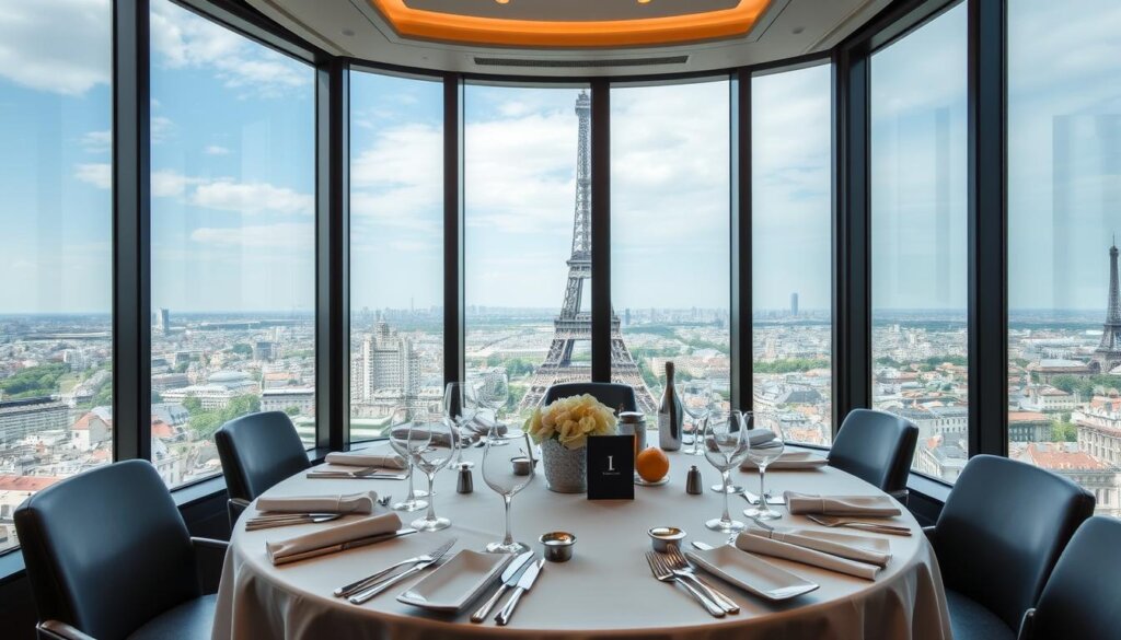 Salle de réunion privée du Jules Verne aménagée pour un déjeuner d'affaires