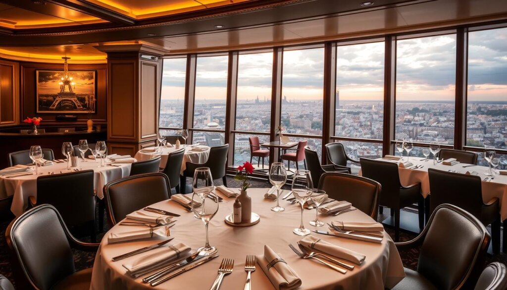 Salle élégante du restaurant Le Jules Verne avec vue panoramique sur Paris
