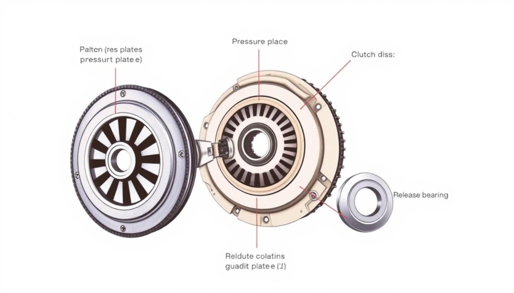 Schéma détaillé du système d'embrayage montrant le disque, le mécanisme et la butée