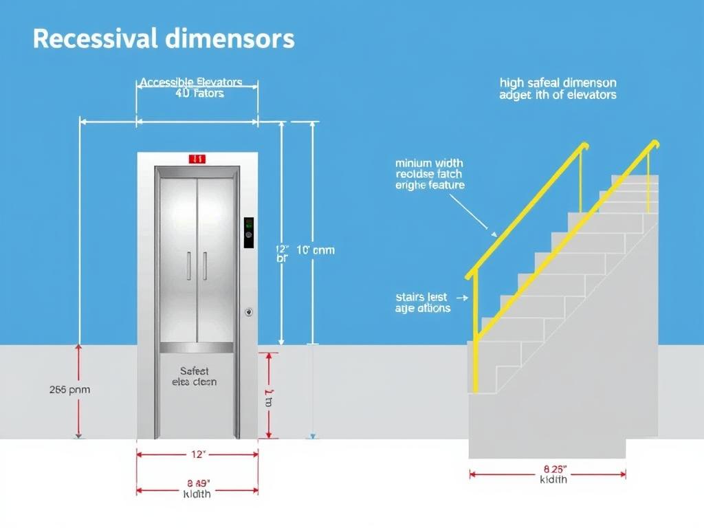 Schéma technique montrant les dimensions réglementaires pour les ascenseurs et escaliers accessibles