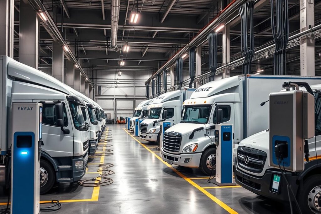 Station de recharge rapide pour camions électriques avec plusieurs bornes de haute puissance
