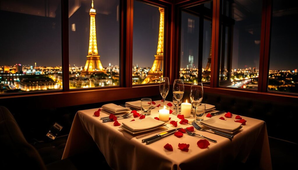 Table dressée pour un dîner romantique avec vue sur Paris depuis la Tour Eiffel