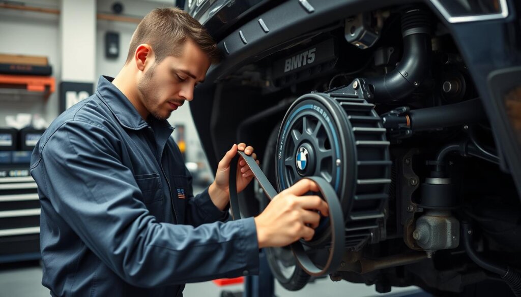 Technicien vérifiant la courroie de distribution d'une BMW X5 2017