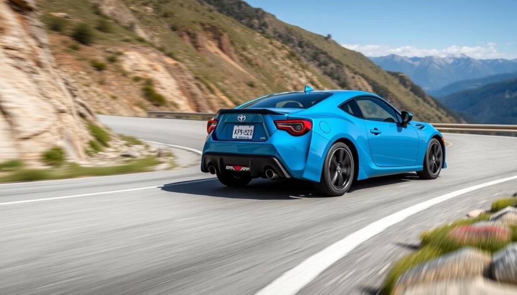 Toyota GR86 2026 bleue avec transmission manuelle sur route de montagne, montrant sa silhouette compacte et sportive