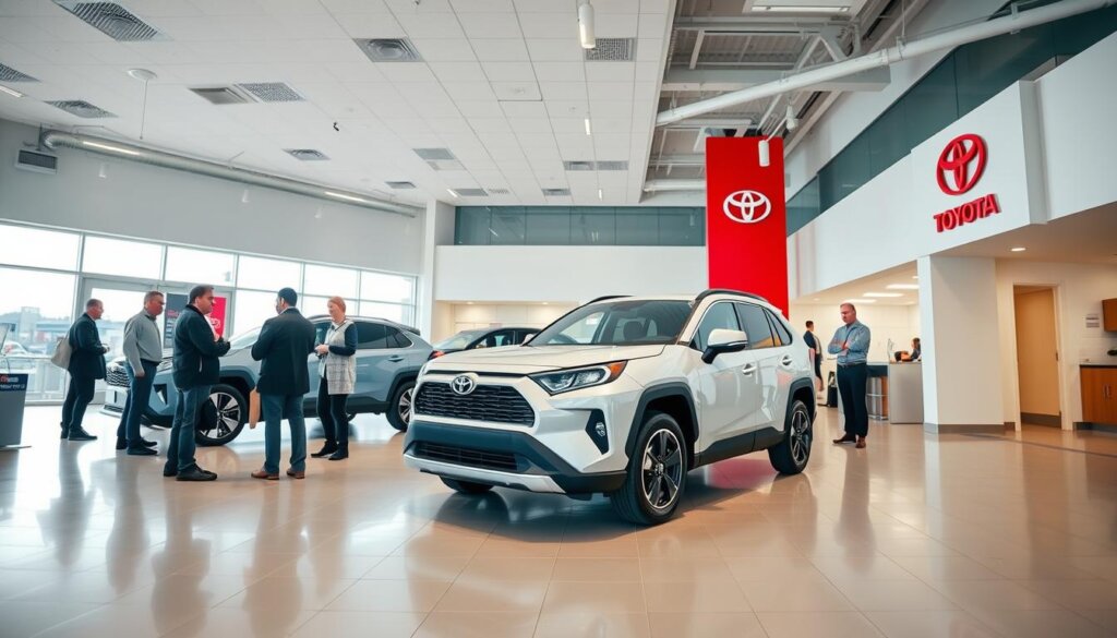 Toyota RAV4 2026 dans un showroom avec des clients potentiels