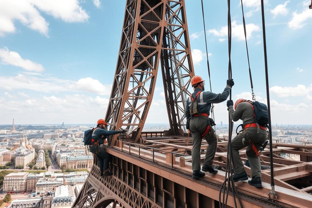 Travaux de maintenance et peinture de l'architecture et ingénierie Tour Eiffel