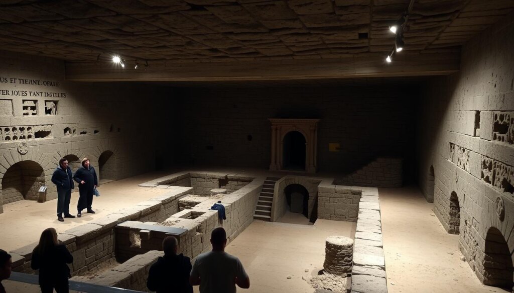 Vestiges de la forteresse médiévale du Louvre avec les fondations visibles dans les sous-sols du musée