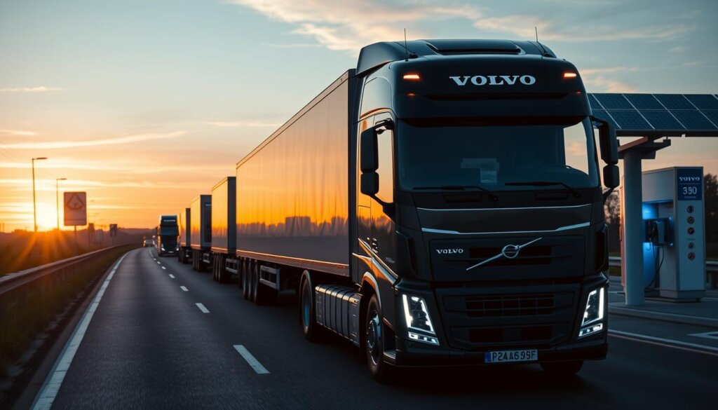 Uma visão futurista dos caminhões elétricos da Volvo nas estradas europeias.