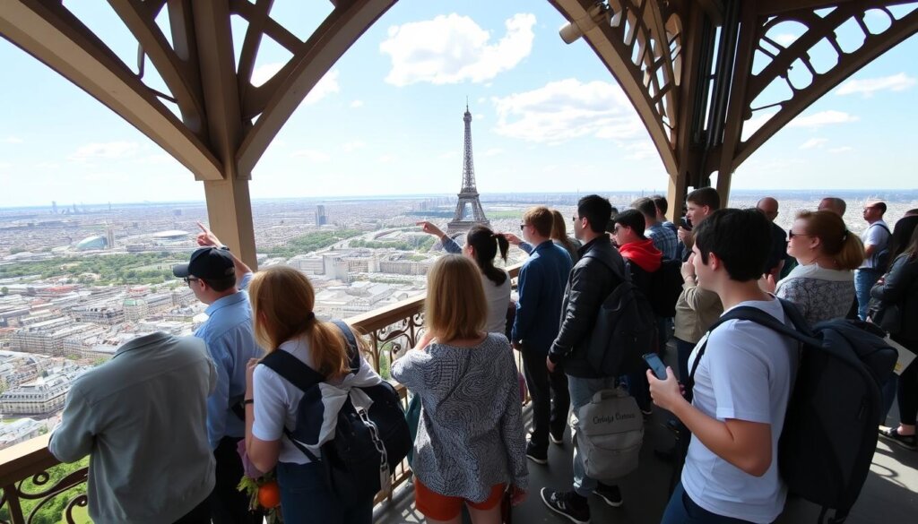 Visitantes admirando a vista panorâmica da Torre Eiffel.