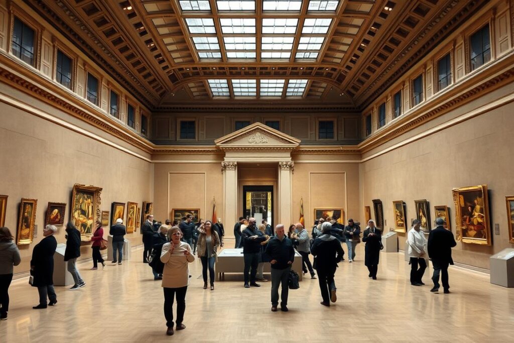 Visiteurs admirant une exposition temporaire récente musée du Louvre avec une scénographie élaborée