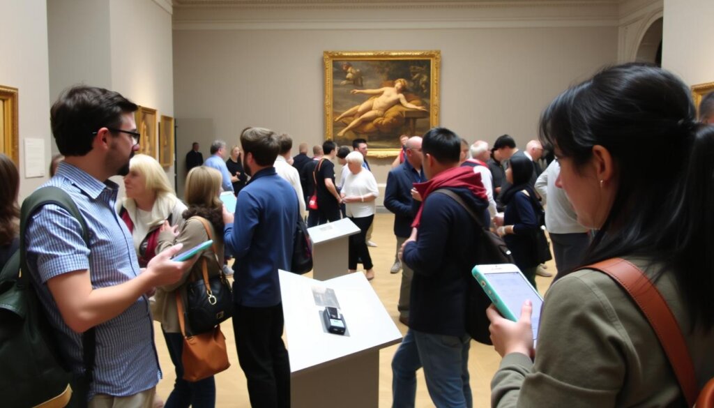 Visiteurs explorant une exposition temporaire récente musée du Louvre avec un audioguide