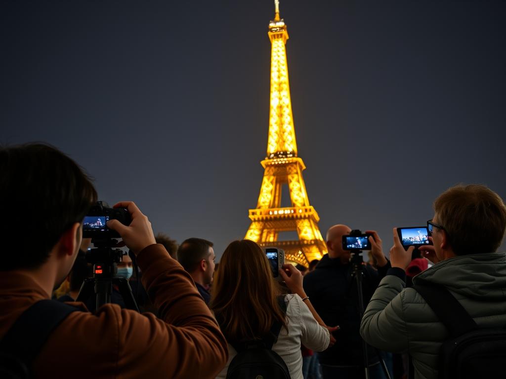 Visiteurs photographiant la Tour Eiffel illuminée la nuit avec des appareils photo