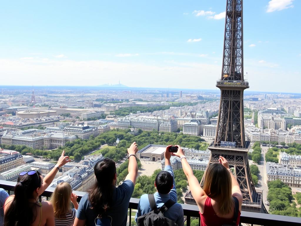 Visitantes apreciando a vista do segundo andar da Torre Eiffel.