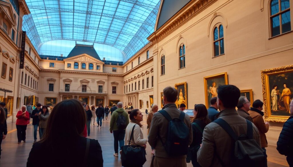 Visiteurs profitant d'une ambiance calme lors d'une visite nocturne du Louvre