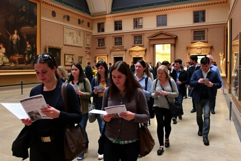 Visiteurs suivant un parcours thématique lors d'une visite nocturne du Louvre