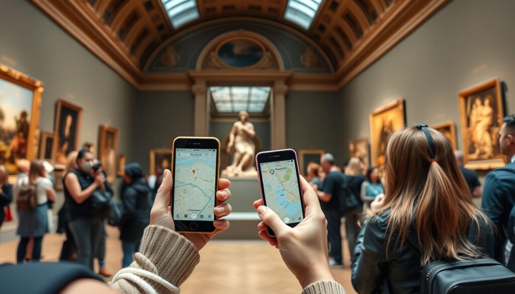 Visiteurs utilisant l'application du Louvre sur smartphone - Guide du Louvre en 1 jour