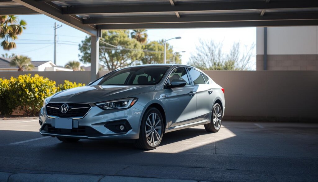 Voiture correctement garée sous un abri protégeant des UV et intempéries