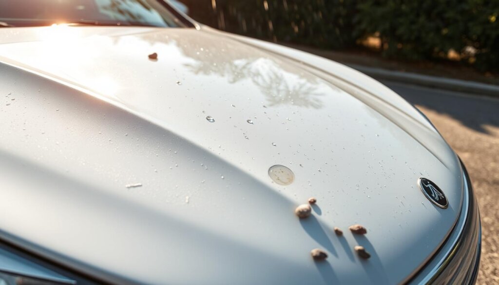 Voiture exposée aux éléments qui dégradent la peinture comme les UV, la pluie et les fientes d'oiseaux