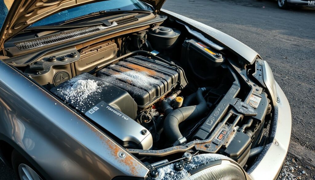 Voiture partiellement endommagée par un incendie maîtrisé grâce à un extincteur, démontrant l'importance d'un extincteur voiture